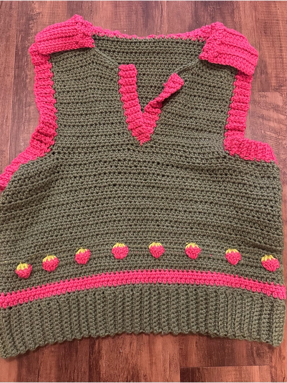 Handmade Crochet Olive Green Vest with Pink Trim